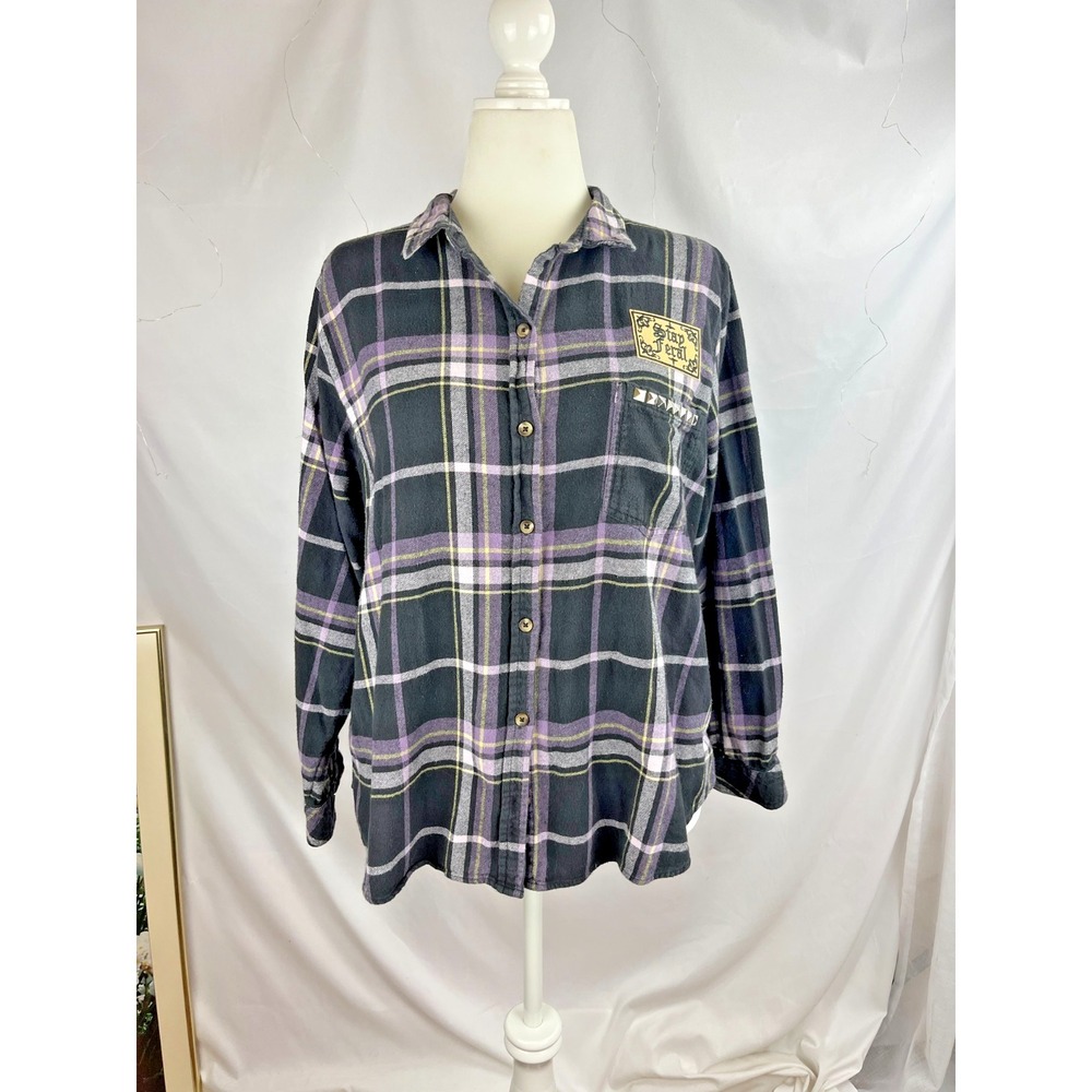 Sonoma Black and Purple Plaid Flannel with Back Graphic Patch - Picture 2 of 9